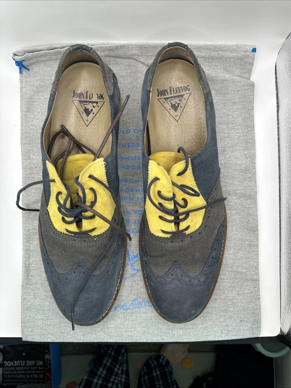John Fluevog BCAT Wingtip Oxford Suede Dress Shoes Grey/Brown/Yellow Men Size 12